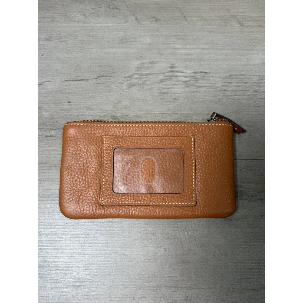 Dooney & Bourke Brown Zip Pouch Wallet w/ ID Window, Logo Accent Pebbled Leather